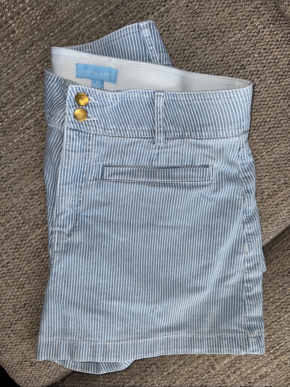 Draper James Light Blue and White Pinstripe Shorts with Gold Buttons
